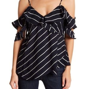 Kendall & Kylie Pinstripe Ruffle Cold Shoulder Top